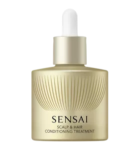 Scalp & hair conditioning treatment in a gold glass bottle with a screw-top dropper cap