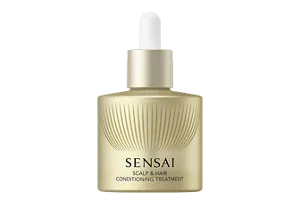 Scalp & hair conditioning treatment in a gold glass bottle with a screw-top dropper cap