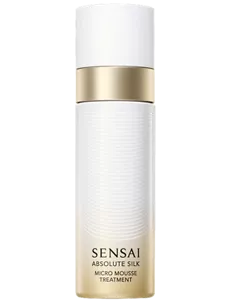 Absolute Silk Micro Mousse Treatment : a white and gold cylindrical aerosol dispenser with a gold gradient gold and a pull-off cap