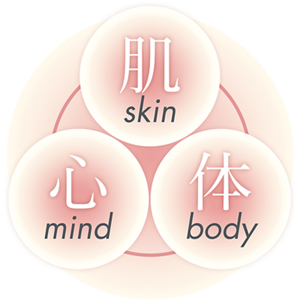 Drei japanische Kanji-Zeichen für Haut, Körper und Geist in Kreisen, die sich harmonisch zu einem größeren Kreis zusammenfügen.