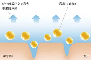 喷涂时,部分喷雾成分会蒸发从而带来清凉感,同时微凝胶化的美容油紧密贴合于肌肤。
