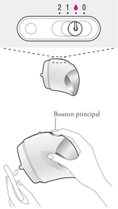 Illustration du mode du Biomimesis Diffuseur De Masque Voile réglé sur l'icône de la goutte. / Illustration de l'application du produit Biomimesis Masque Voile sur l'applicateur en montrant comment appuyer sur le bouton principal situé sur le dessus de l'appareil.
