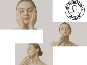 Kvinne presser hendene mot kinnene sine med øynene lukket / Kvinne påfører krem på halsen sin med høyre hånd og øynene lukket / Kvinne påfører krem fra haken til under øret med pekefingrene og langfingrene med øynene lukket