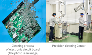 Left is an image photo of cleaning process of electronic circuit board. Right is a photo of Precision cleaning center.