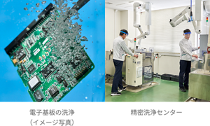 左図が電子基板の洗浄のイメージ写真。右図が精密洗浄センターの写真。