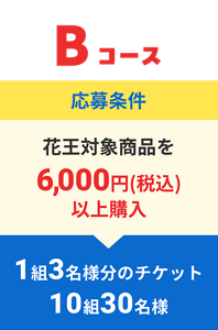 Bコース応募条件 花王対象商品を6,000円(税込)以上購入 1組3名様分のチケット10組30名様