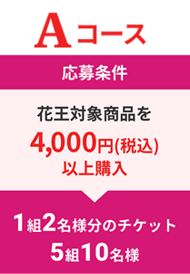 Aコース応募条件 花王対象商品を4,000円(税込)以上購入 1組2名様分のチケット 5組10名様