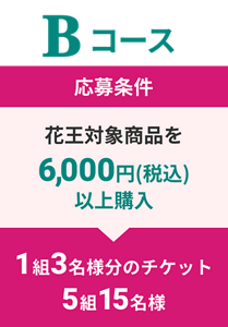 Bコース応募条件 花王対象商品を6,000円(税込)以上購入 1組3名様分のチケット 5組15名様