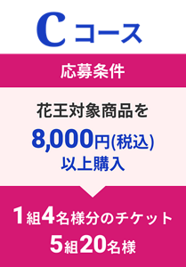 Cコース応募条件 花王対象商品を8,000円(税込)以上購入 1組4名様分のチケット 5組20名様