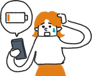 休養をスマートフォンの充電に例え、50%のまま使い続けて電池が切れそうな状態に困る人のイラスト