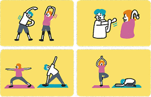アクティブレストとして取り入れやすいストレッチとヨガのポーズを4点並べたイラスト