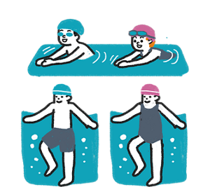 水圧と浮力で関節への負担が少ない水泳と水中ウォーキングを行う様子のイラスト