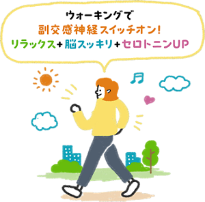ウォーキングで副交感神経が優位になり、リラックスと脳のリフレッシュにつながることを示すイラスト
