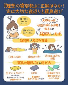 「理想の寝姿勢」に正解はない!実は大切な寝返りと寝具選び。快適に眠れる姿勢を探すことと寝返りがカギであること、寝返りが大切な3つの理由、マットレス・枕・補助アイテムの選び方までを1枚にまとめた記事全体の要約イラスト