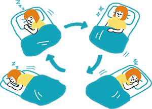 仰向けから横向きへと自然に寝返りを打ちながら眠っている様子を、4つの寝姿勢の循環で描いたイラスト