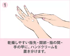 ①乾燥しやすい指先・関節・指の間・手の甲に、少量ずつハンドクリームを乗せます。