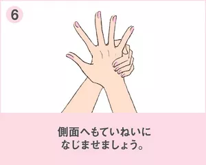 ⑥手首や小指側の側面も、ていねいになじませしょう。