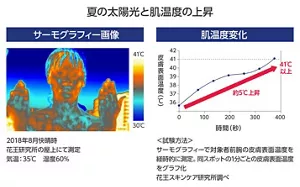 夏の太陽光と肌温度の上昇のサーモグラフィの画像と肌温度変化のグラフ