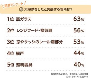 読者アンケート「大掃除をしたと実感する場所は?」窓ガラス63%、レンジフード・換気扇56%、窓やサッシのレール溝部分53%、網戸44%、照明器具40%。全国に住む既婚女性1,286人、複数回答、上位5項目。2013年1月花王調べ。