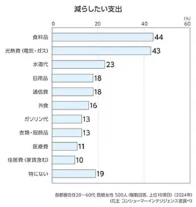 減らしたい支出のグラフ 食料品44% 光熱費(電気・ガス)43% 水道代23% 日用品18% 通信費18% 外食16% ガソリン代13% 衣類・服飾品13% 医療費11% 住居費(家賃含む)10% 特にない19% 首都圏在住20~60代 既婚女性 500人 複数回答 上位10項目 2024年 花王 コンシューマーインテリジェンス室調べ