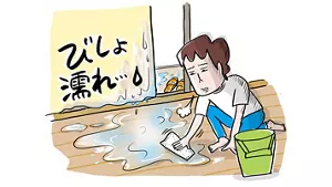 リビングのカーテンや床がびしょ濡れで床を拭いている男性のイメージ