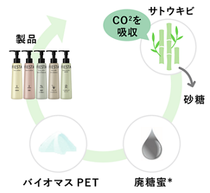 サトウキビ(CO2を吸収)(→砂糖)→廃糖蜜*→バイオマスPET→製品