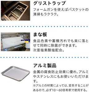グリストラップ フォームガンを使えばバスケットの 清掃もラクラク まな板 食品色素や蓄積汚れでも楽に落とせて同時に除菌ができます。 次亜塩素酸塩配合。 アルミ製品 金属の腐食防止効果に優れ、アルミやステンレスにもお使いいただけます。 ※アルミの材質によっては、変色することがあるので、必ず10~60倍希釈で使用する。