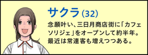 サクラ(32歳) 念願叶い、三日月商店街に「カフェソリジェ」をオープンして約半年。最近は常連客も増えつつある。