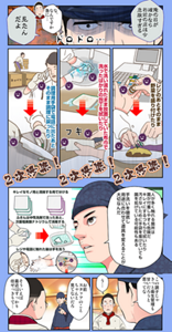 漫画2ページ目: 1コマ目:キヨシ「俺の目が確かならお前の店は今危なすぎる」不安な表情をするアオ「な、なんですか急に」キヨシ「見たんだよ」 2コマ目:レジのあとそのまま野菜を盛り付けたり 3コマ目:水で洗い濡れたまま放置していた布巾で洗ったばかりの包丁を拭いたり 4コマ目:調理用手袋で電話に出たあとそのまま調理に戻ったり 5コマ目:キヨシ「人が多く触れる箇所は菌が付着しやすく危険だ。キレイにするつもりで拭いたり、汚さないために手袋を着けていても菌を拡げている可能性もある。手洗いを徹底し用途に合わせて道具を変えることが大切なんだ。キレイなモノ用と清掃する用で分ける。布巾は中性洗剤で洗ったあと、次亜塩素酸ナトリウムで消毒する。レジや電話に触れた後は手を洗う」 6コマ目:キヨシ「この調子じゃ、きっと衛生管理も甘いだろうと思ってな」アオ「う…」 7コマ目:キヨシ「お前、スタッフのことちゃんと見てないだろ」アオ「そういえば最近すっかり任せっきりで」