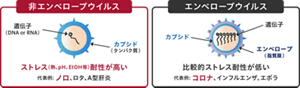 非エンベロープウイルス ストレス(熱、pH、EtOH等)耐性が高い 代表例: ノロ、ロタ、A型肝炎 エンベロープウイルス 比較的ストレス耐性が低い 代表例: コロナ、インフルエンザ、エボラ