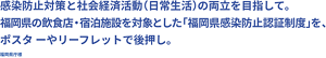 感染防止対策と社会経済活動(日常生活)の両立を目指して。 福岡県の飲食店・宿泊施設を対象とした「福岡県感染防止認証制度」を、ポスタ ーやリーフレットで後押し。