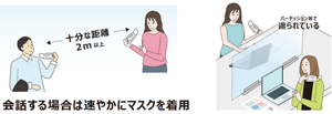 マスクを外してもよい時を表すイラスト。左)マスクを外し人と2メートル以上の距離をあけているイラスト。会話するときは速やかにマスクを着用します。右)向かい合うデスクをパーテーションで遮っているイラスト。