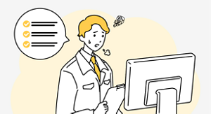 記録の管理に課題を感じている様子の本部ご担当者様を表すイラスト。
