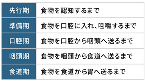 摂食嚥下の5期モデルの一覧表。先行期:食物を認知するまで、準備期:食物を口腔に入れ、咀嚼するまで、口腔期:食物を口腔から咽頭へ送るまで、咽頭期:食物を咽頭から食道へ送るまで、食道期:食物を食道から胃へ送るまで。