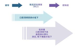 健常から軽度認知障害、認知症への進行に伴い、口腔清掃意欲の低下、歯周病悪化、滑舌や嚥下機能低下が生じる様子を示す図。