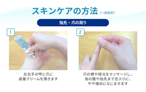 指先・爪の周りのスキンケアの方法を示した資料。左右の手の甲と爪に適量クリームを置く。次に爪の横や根元をマッサージし、指の腹や指先まで念入りに、やや強めになじませる。