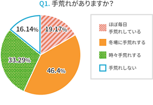 ハンドローション導入1年後の手荒れの状況を表すグラフ。ほぼ毎日手荒れしている19.17%。冬場に手荒れする46.4%。時々手荒れする33.29%。手荒れしない16.14%