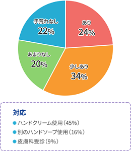 看護師の手荒れの状況を調査したグラフ。手荒れあり24%、少しあり34%、あまりなし20%、手荒れなし22%となっており、78%の方が手荒れを自覚している。