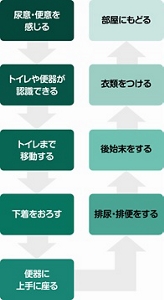 問題なく排泄できるためのプロセスを表した図。1.尿意や便意を感じる 2.トイレや便器が認識できる 3.トイレまで移動する 4.下着をおろす 5.便器に上手に座る 6.排尿・排便をする 7.後始末をする 8.衣類をつける 9.部屋に戻る