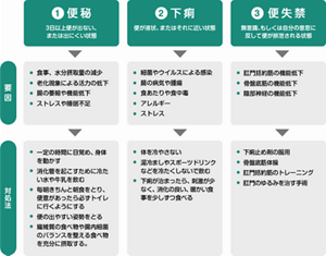 主な3つの排便障害を表した図。1つ目の便秘とは、3日以上便が出ない、または出にくい状態。要因:・食事、水分摂取量の減少 ・老化現状による活力の低下 ・腸の萎縮や機能低下 ・ストレスや睡眠不足 対処法:・一定の時間に目覚め、身体を動かす ・消化管を起こすために冷たい水や牛乳を飲む ・毎朝きちんと朝食をとり、便意があったら必ずトイレにいくようにする ・便の出やすい姿勢を取る ・繊維質の食べ物や腸内細菌のバランスを整える食べ物を十分に接種する 「②下痢:便が液状、またはそれに近い状態」要因:・細菌やウイルスによる感染 ・腸の病気や腫瘍 ・食あたりや食中毒 ・アレルギー ・ストレス 対処法:・身体を冷やさない ・湯冷ましやスポーツドリンクなどを冷たくしないで飲む ・下痢が治まったら、刺激が少なく、消化の良い、暖かい食事を少しずつ食べる 「③便失禁:無意識、もしくは自分の意思に反して便が排出される状態」要因:・肛門括約筋の機能低下 ・骨盤底筋の機能低下 ・陰部神経の機能低下 対処法:・下痢止め剤の服用 ・骨盤底筋体操・肛門括約筋のトレーニング ・肛門の緩みを直す手術
