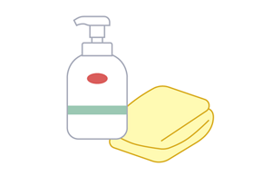 洗浄料のボトルとタオルのイラスト