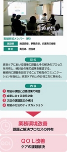 情報交換会の様子と効果を表した図。〈目的〉排泄ケアにおける現場の課題とその解決のプロセスを共有し、検討会の場で成果を確認する。継続的に課題を設定することで相互のコミュニケーションを強化し、排泄ケア向上のお役立ちに務める。〈内容〉①取組み課題と改善成果の報告 ②成果に対する意見交換 ③次回の課題設定の検討 ④取組み方法のディスカッション 〈取組み参加メンバー(例)〉施設様:施設長様、事務長様、介護責任者様 弊社:責任者、担当者 情報交換会の実施により、「業務環境改善(課題と解決プロセスの共有)」「QOL改善(ケア課題解決)」の実現に成功。