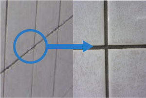 水のみで清掃を行った壁を拡大した写真。タイルの目地に黒カビ汚れが発生している。