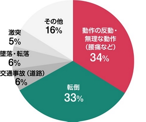 社会福祉施設における事故の型別発生状況の割合を表した円グラフ。最も多いのは「動作の反動・無理な動作」で34%。2番目は、転倒で33%。次に、交通事故で6%、墜落・転落で6%、激突で5%と続く。