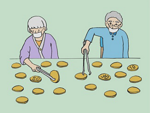 ご利用者様がおせんべい焼けたかなゲームをしている様子のイラスト