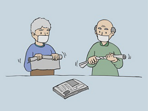 ご利用者様が雑巾絞りゲームをしている様子のイラスト