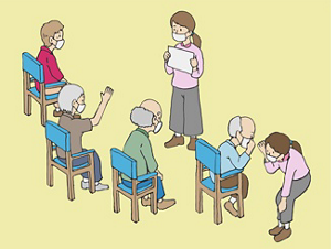 ご利用者様が脳トレクイズをしている様子のイラスト