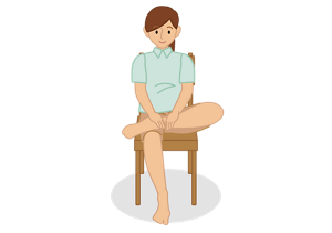 肘置きのない椅子に座って、左の足首を右の太ももの上に載せているイラスト