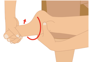 左手で足首を押さえながら、左足のゆびとからめたの状態の右手をにぎり足首を回しているイラスト