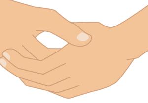 右手の人差し指先端で手のひら側から押し上げ、盛り上がった合谷を親指で挟むように押しているイラスト